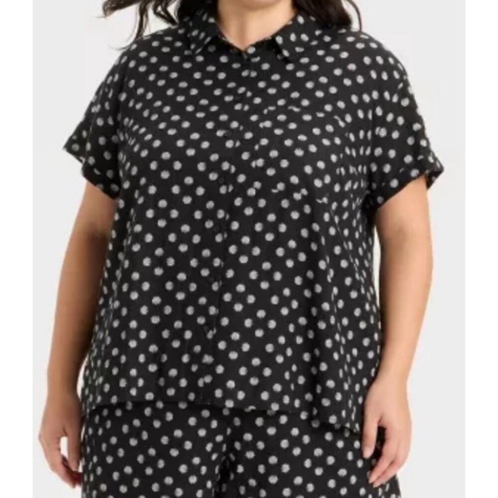 Ava & Viv Black Shell Print Button Front Blouse XXL Coastal Beachy Lightweight